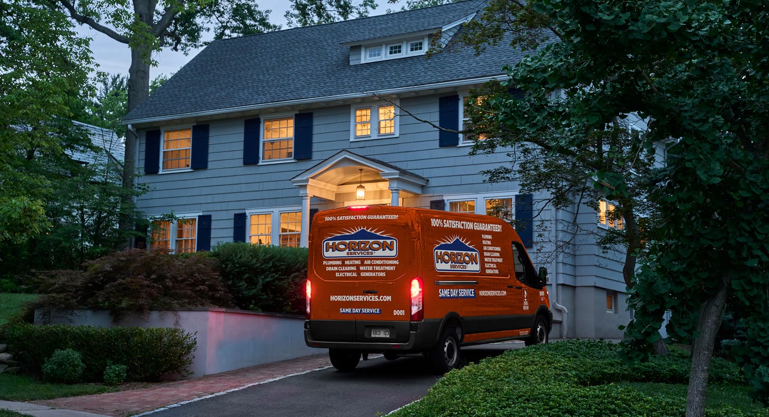 Horizon Services technician arriving at a home in the evening to provide emergency plumbing services.