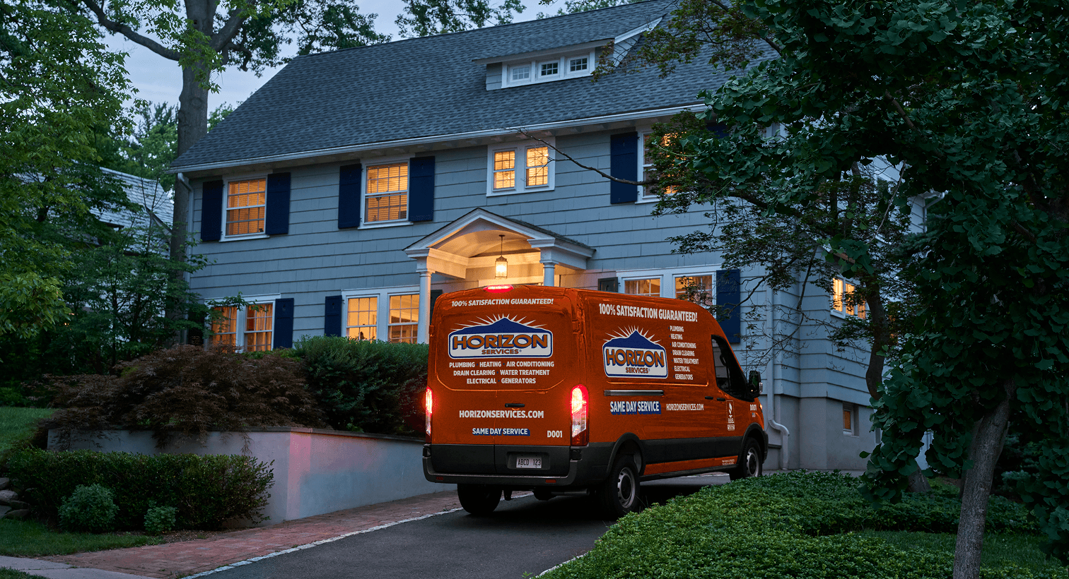 Horizon Services technician arriving at a home in the evening for emergency heating and air conditioning repair services.