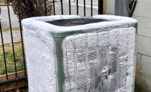 An outdoor unit completely frozen solid